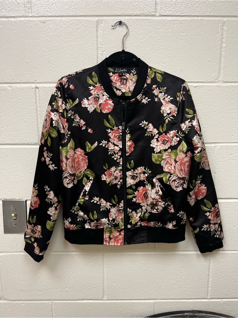 Justify Floral Bomber Jacket - Black with Pink Roses